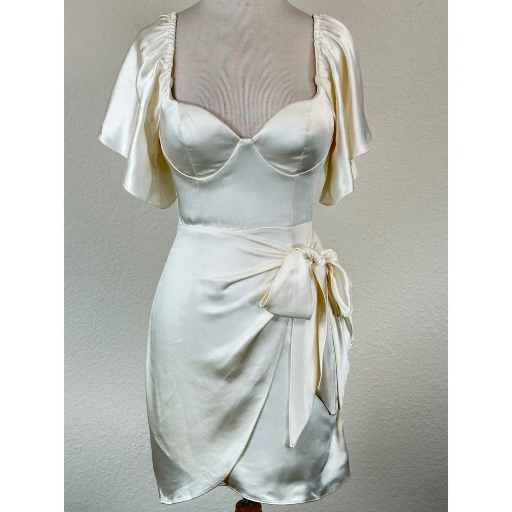 Selfie Leslie Aphrodite Satin Wrap Dress S Angel Sleeve Ivory NWT